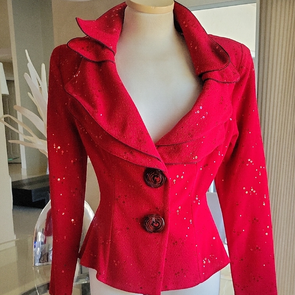 Chic Red Women's Blazer with Floral Buttons